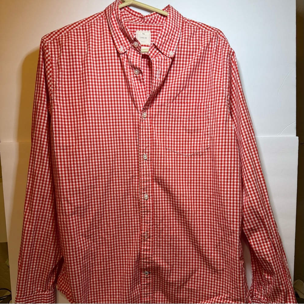 GAP Lived-In Red Gingham Button-Down Shirt - Men's Classic Casual Large